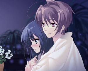 Preview wallpaper anime, boy, girl, pot, flower, hug, tenderness