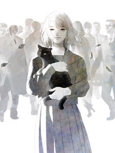 Preview wallpaper anime, cat, girl, crowd, art