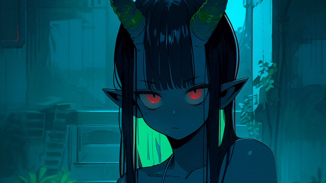 Wallpaper anime, demon girl, horns, dark, glowing eyes