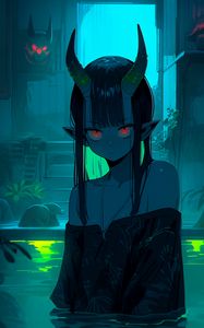 Preview wallpaper anime, demon girl, horns, dark, glowing eyes