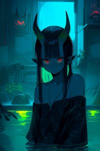 Preview wallpaper anime, demon girl, horns, dark, glowing eyes