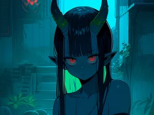 Preview wallpaper anime, demon girl, horns, dark, glowing eyes