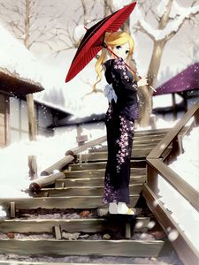 Preview wallpaper anime, geisha, kimono, winter, walk
