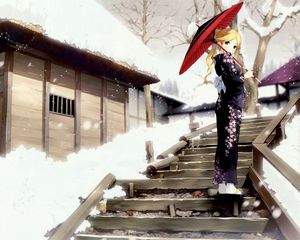 Preview wallpaper anime, geisha, kimono, winter, walk