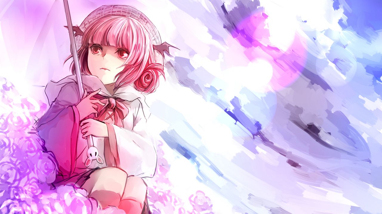 Wallpaper anime, girl, art, umbrella, flowers, pink