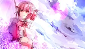 Preview wallpaper anime, girl, art, umbrella, flowers, pink