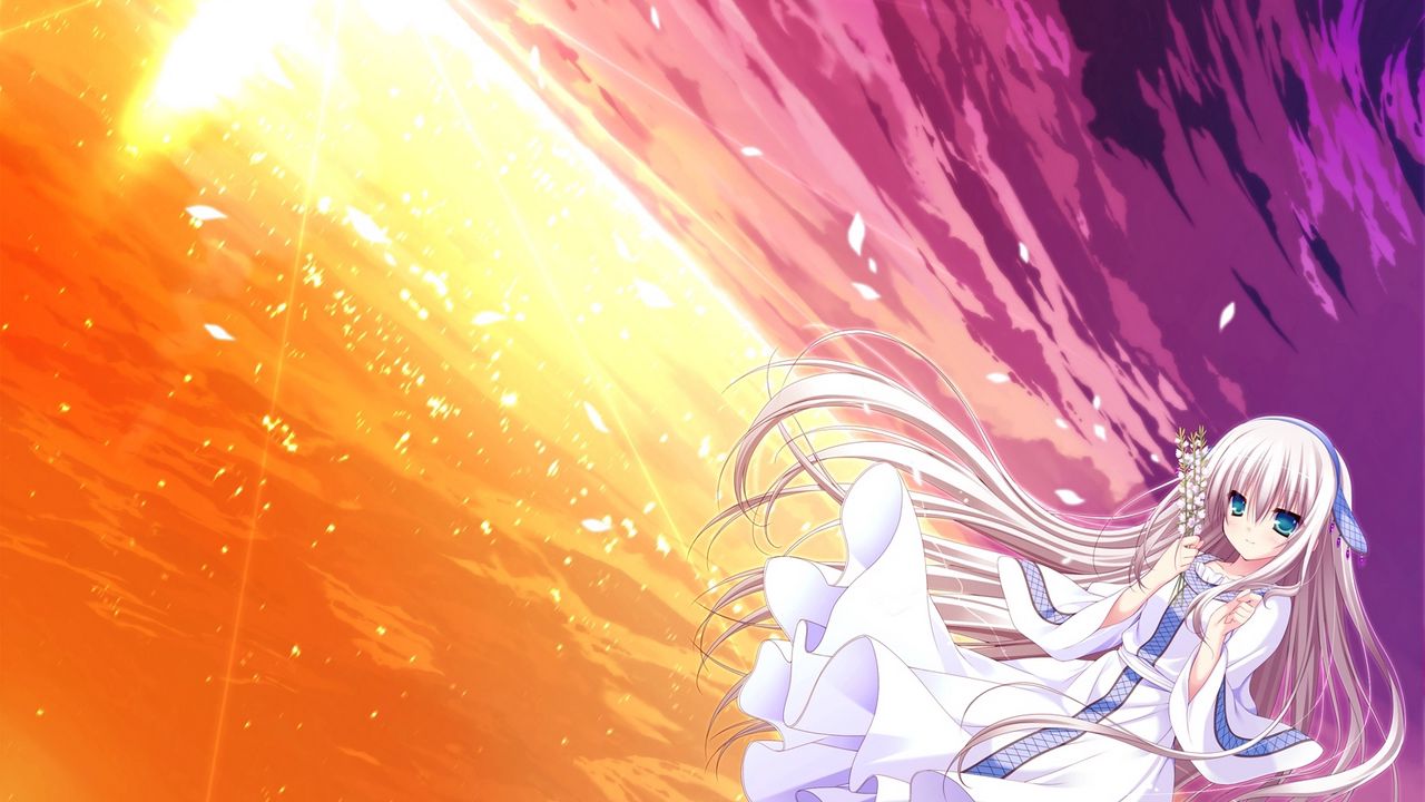 Wallpaper anime, girl, blond, sunset, water, landscape
