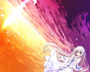 Preview wallpaper anime, girl, blond, sunset, water, landscape