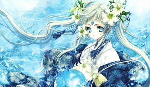 Preview wallpaper anime, girl, blond, flowers, decoration