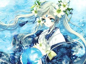 Preview wallpaper anime, girl, blond, flowers, decoration