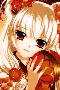 Preview wallpaper anime, girl, blonde, bowl, sunset