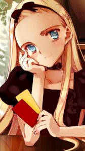 Preview wallpaper anime, girl, blonde, cafe, cards, look