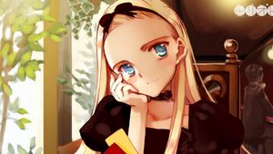 Preview wallpaper anime, girl, blonde, cafe, cards, look