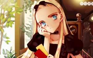 Preview wallpaper anime, girl, blonde, cafe, cards, look