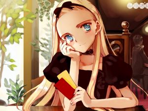 Preview wallpaper anime, girl, blonde, cafe, cards, look