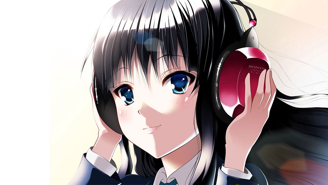 Wallpaper anime, girl, brunette, headphones, hand, smile, music