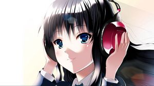 Preview wallpaper anime, girl, brunette, headphones, hand, smile, music