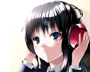 Preview wallpaper anime, girl, brunette, headphones, hand, smile, music