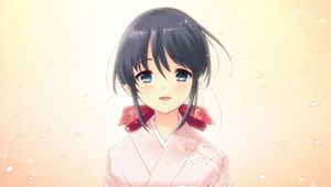 Preview wallpaper anime, girl, brunette, kimonos, eyes, waiting