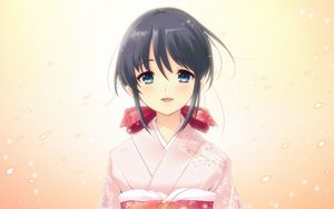 Preview wallpaper anime, girl, brunette, kimonos, eyes, waiting