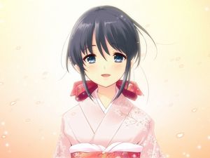 Preview wallpaper anime, girl, brunette, kimonos, eyes, waiting