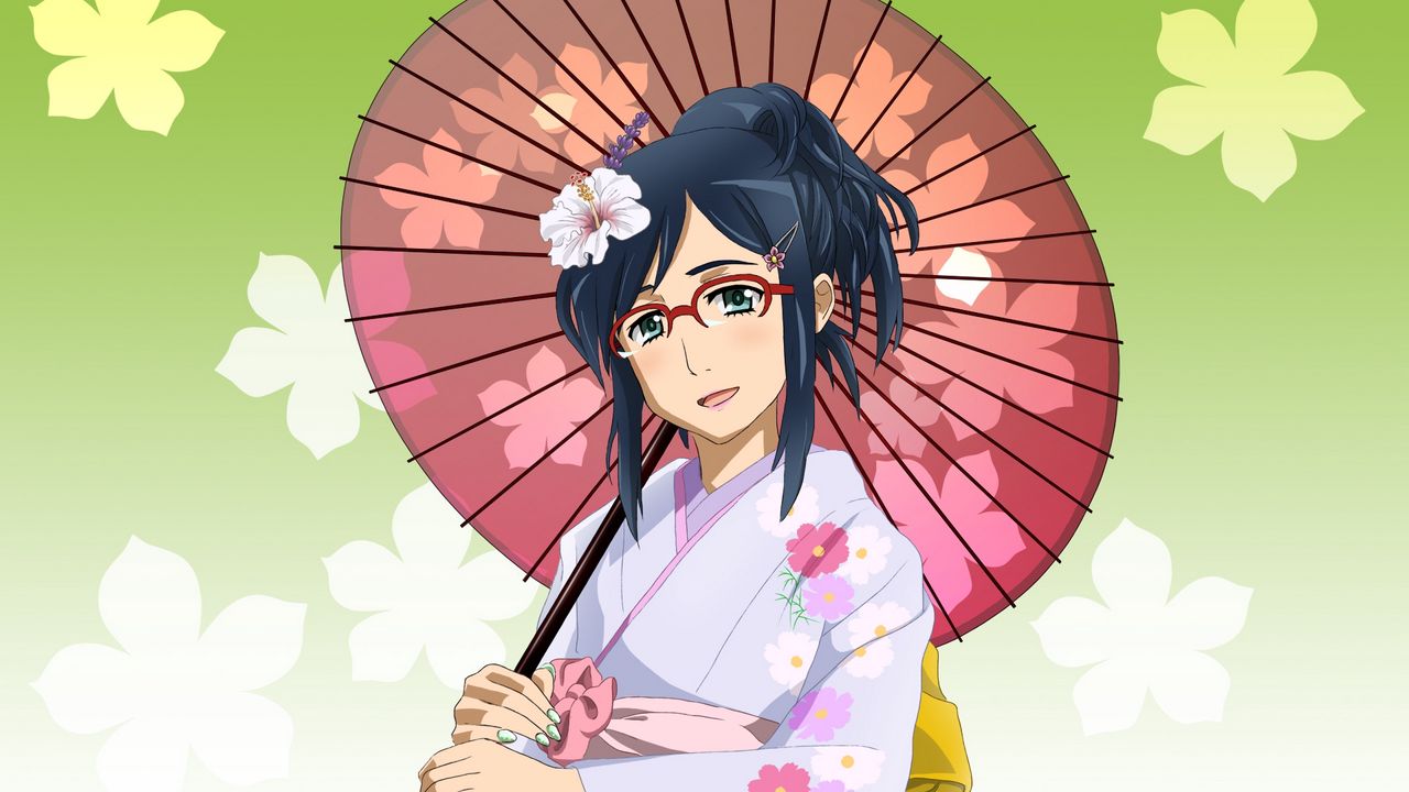 Wallpaper anime, girl, brunette, kimono, umbrella, glasses