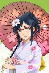 Preview wallpaper anime, girl, brunette, kimono, umbrella, glasses