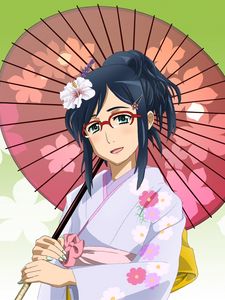 Preview wallpaper anime, girl, brunette, kimono, umbrella, glasses