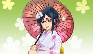 Preview wallpaper anime, girl, brunette, kimono, umbrella, glasses