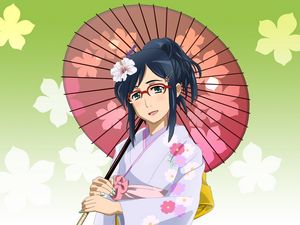 Preview wallpaper anime, girl, brunette, kimono, umbrella, glasses