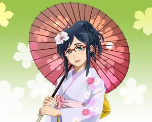 Preview wallpaper anime, girl, brunette, kimono, umbrella, glasses