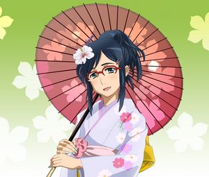 Preview wallpaper anime, girl, brunette, kimono, umbrella, glasses