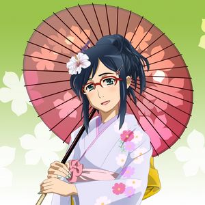 Preview wallpaper anime, girl, brunette, kimono, umbrella, glasses
