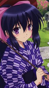 Preview wallpaper anime, girl, brunette, umbrella, kimono, stone