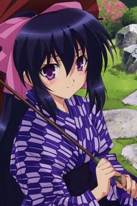 Preview wallpaper anime, girl, brunette, umbrella, kimono, stone