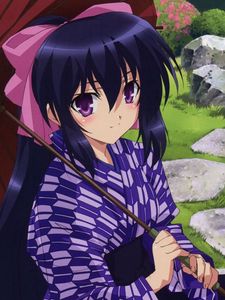 Preview wallpaper anime, girl, brunette, umbrella, kimono, stone