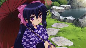 Preview wallpaper anime, girl, brunette, umbrella, kimono, stone