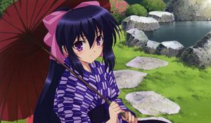 Preview wallpaper anime, girl, brunette, umbrella, kimono, stone