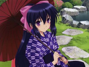 Preview wallpaper anime, girl, brunette, umbrella, kimono, stone