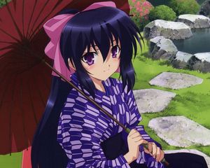 Preview wallpaper anime, girl, brunette, umbrella, kimono, stone