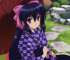 Preview wallpaper anime, girl, brunette, umbrella, kimono, stone