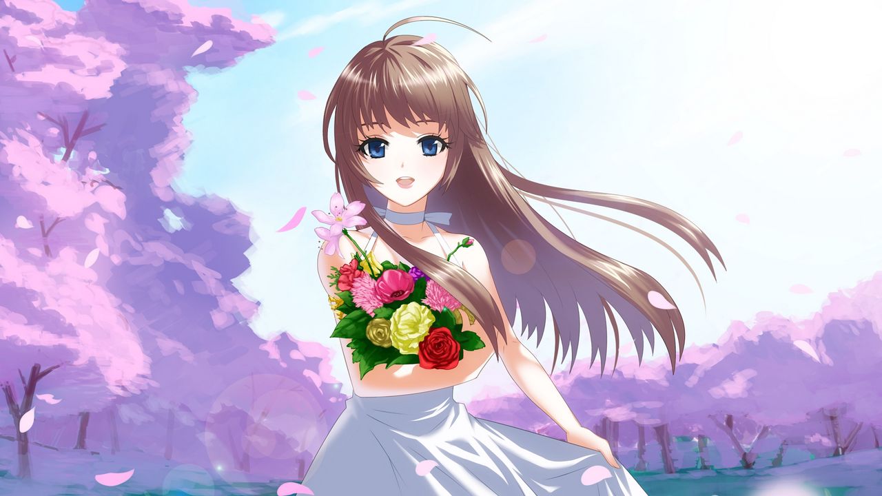 Wallpaper anime, girl, brunette, flowers, bouquet, joy