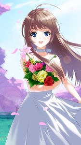 Preview wallpaper anime, girl, brunette, flowers, bouquet, joy
