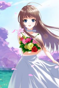 Preview wallpaper anime, girl, brunette, flowers, bouquet, joy