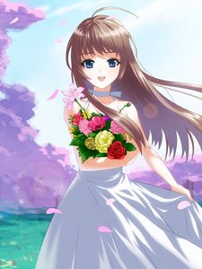 Preview wallpaper anime, girl, brunette, flowers, bouquet, joy