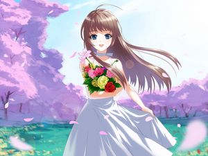 Preview wallpaper anime, girl, brunette, flowers, bouquet, joy