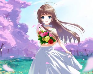 Preview wallpaper anime, girl, brunette, flowers, bouquet, joy