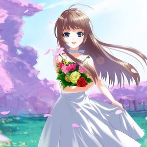 Preview wallpaper anime, girl, brunette, flowers, bouquet, joy