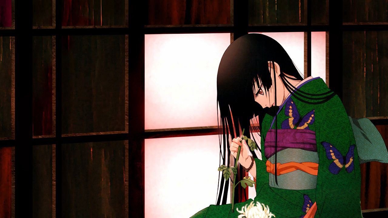 Wallpaper anime, girl, brunette, kimono, flowers