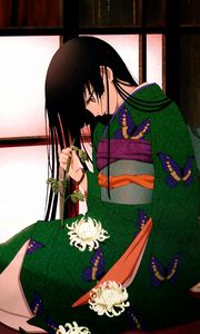 Preview wallpaper anime, girl, brunette, kimono, flowers